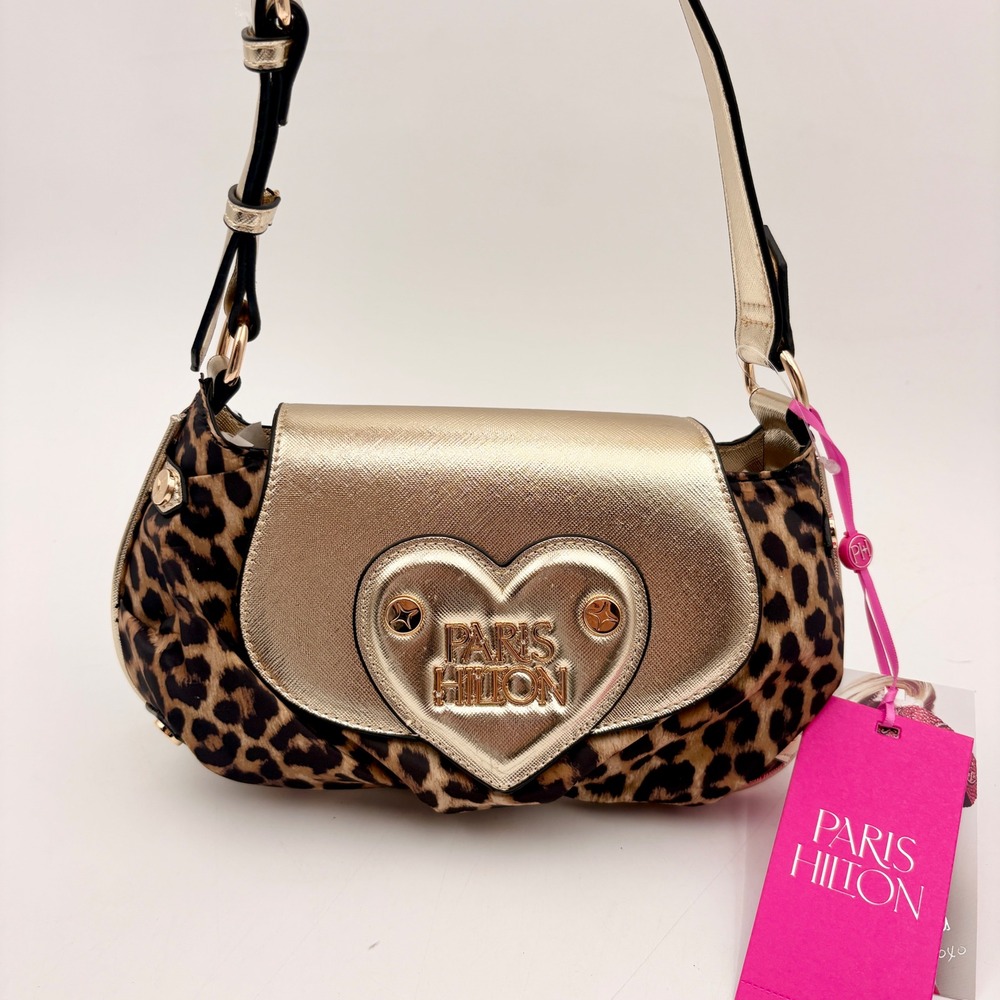 Paris Hilton Leopard Print‎ Gold Heart Logo Shoulder Bag Baguette Y2K NEW